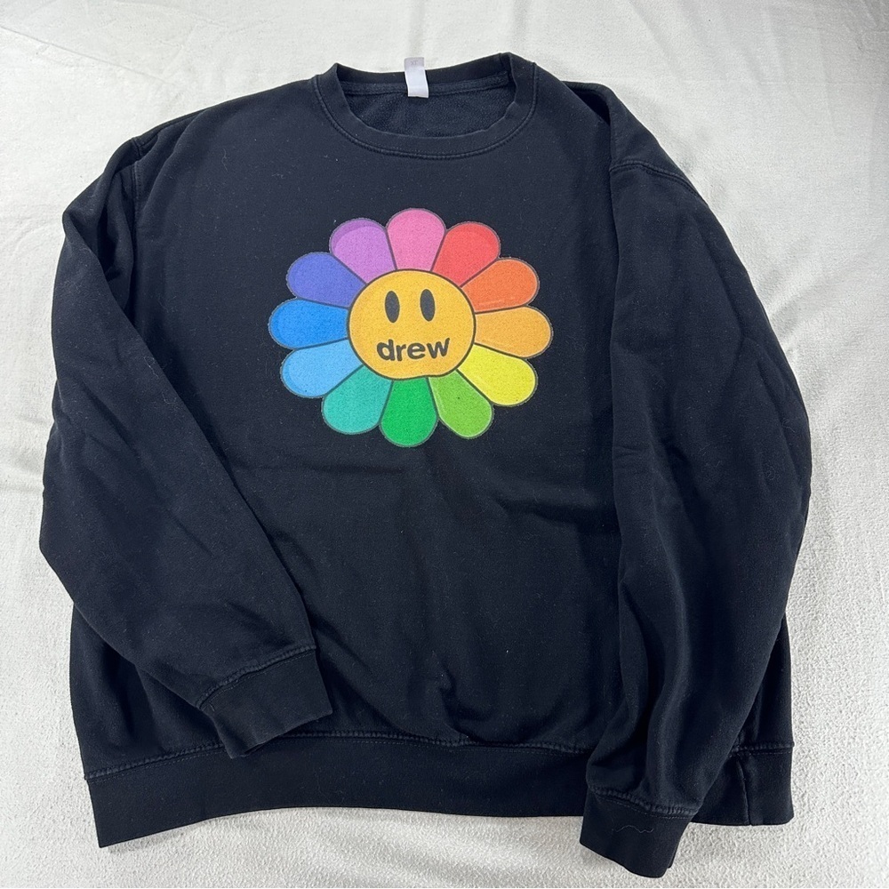 Drew Black Crewneck Sweater with Rainbow Flower